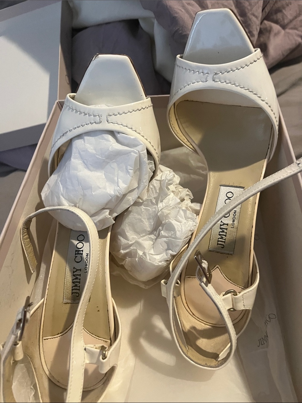 Jimmy Choo White Leather Square-Toe Slingback Heels